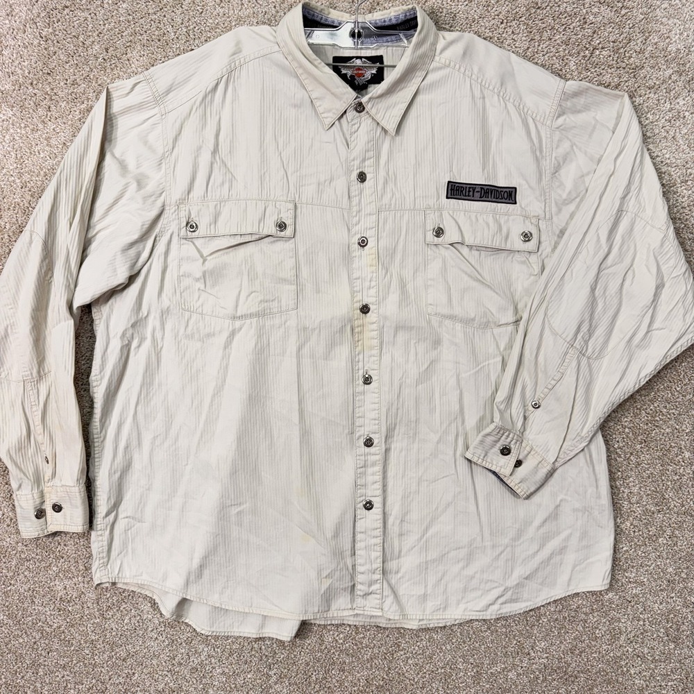 Harley-Davidson Shirt Mens 3XL Button-Down Beige Textured Stripe Logo Patch
